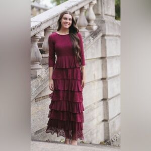 Dainty Jewells Burgundy Lace Tiered Dress